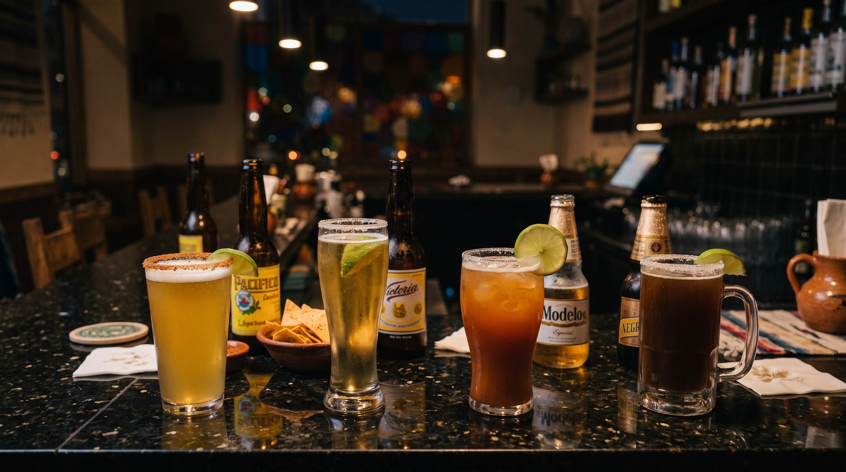 Selection of bottled and draft beers at the bar