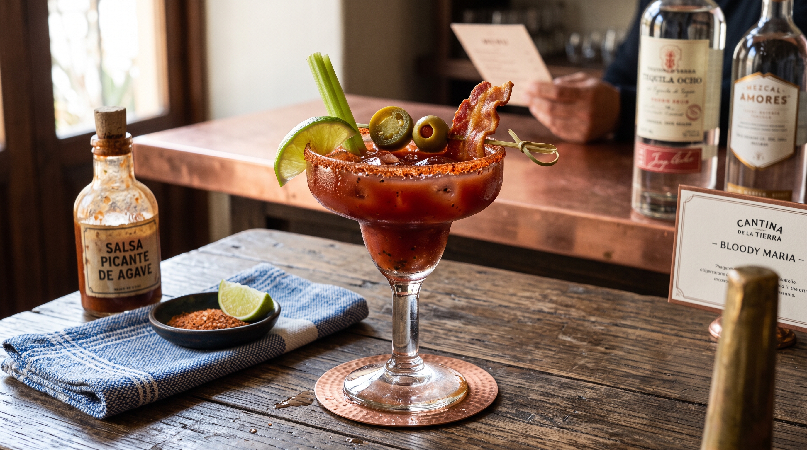 Savory cocktail garnished with lime, olives and crisp bacon
