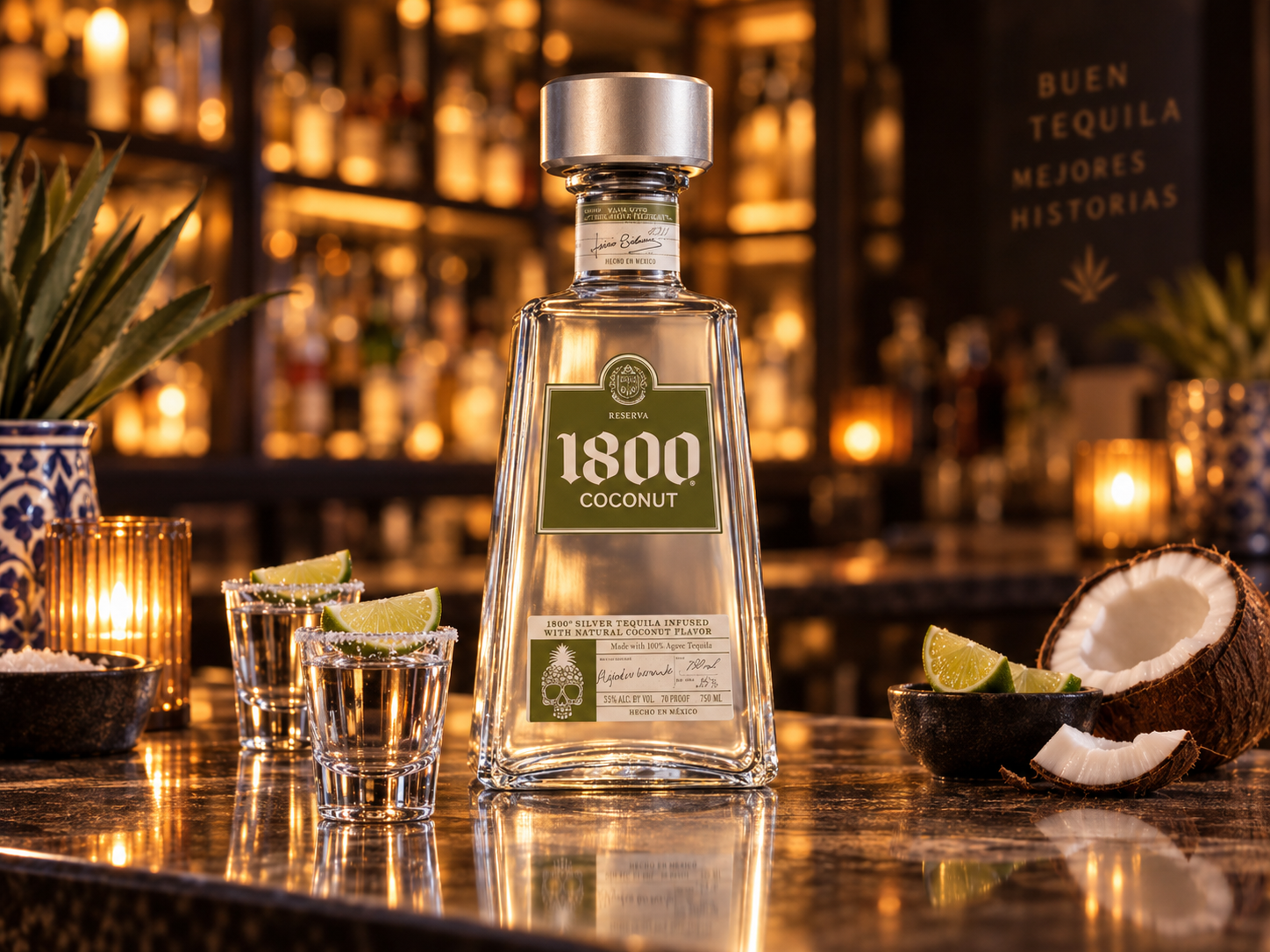 Coconut flavored tequila with fresh coconut and lime
