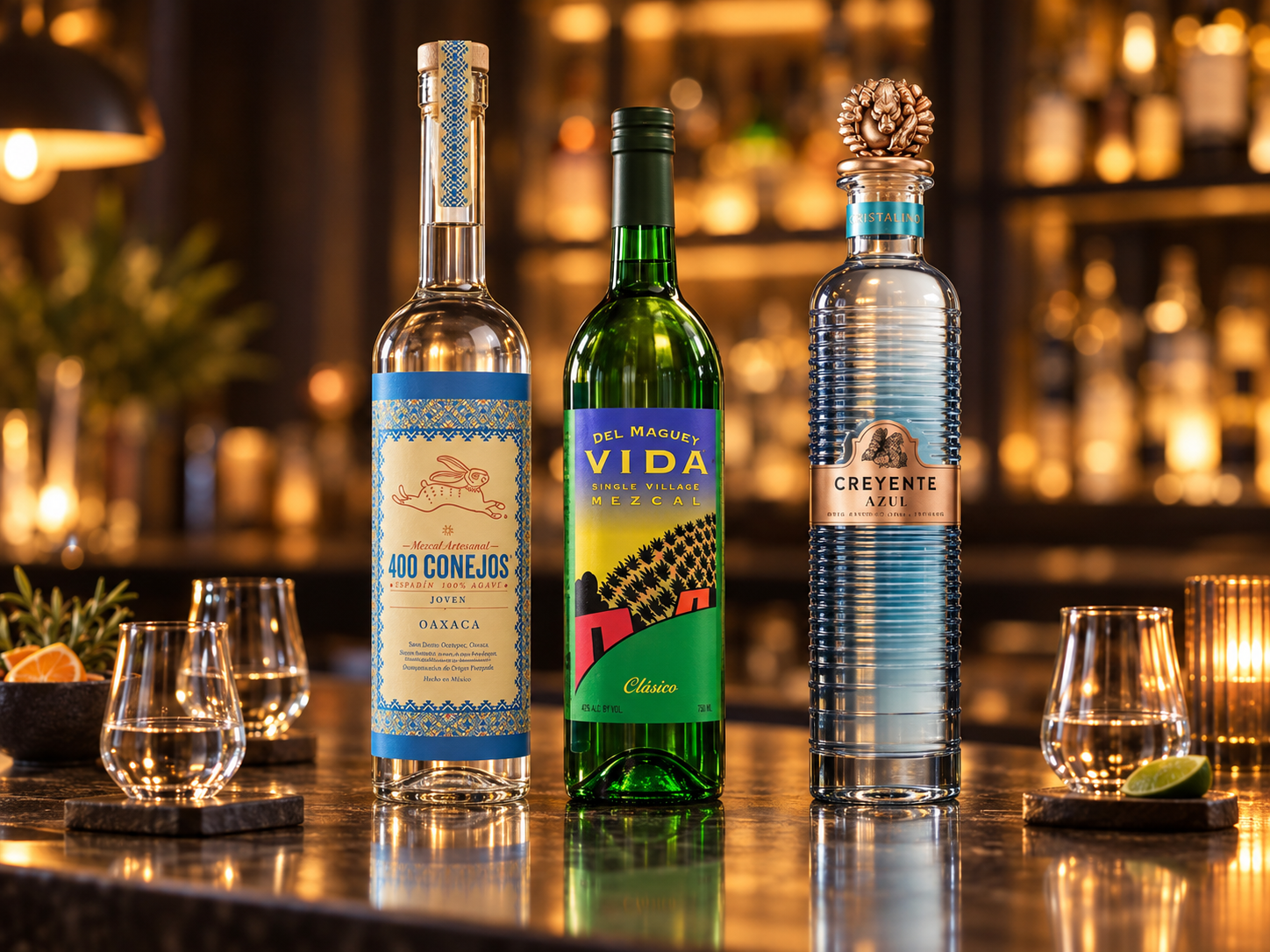 Mezcal bottles displayed at a warmly lit bar