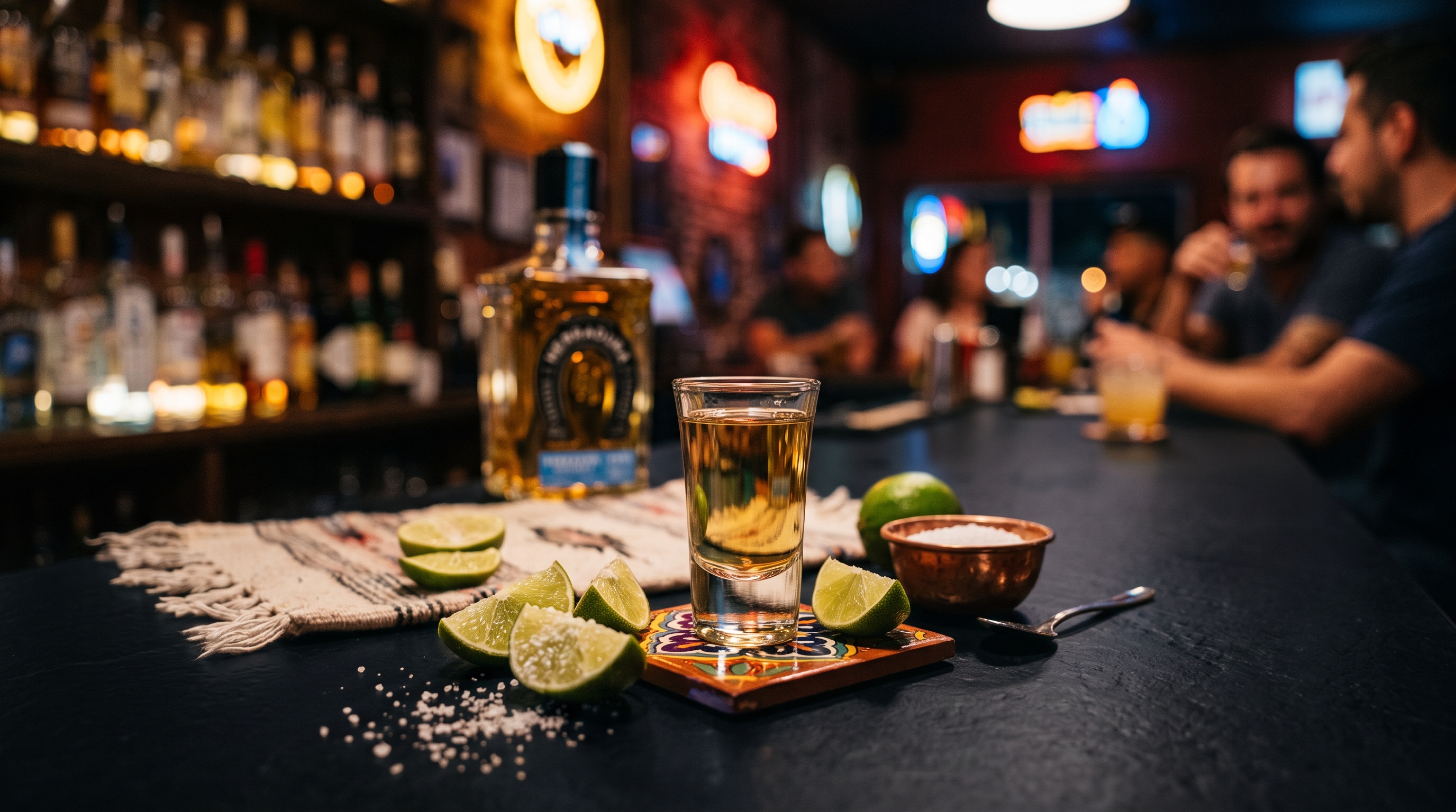 A tequila pour with lime and salt at the bar