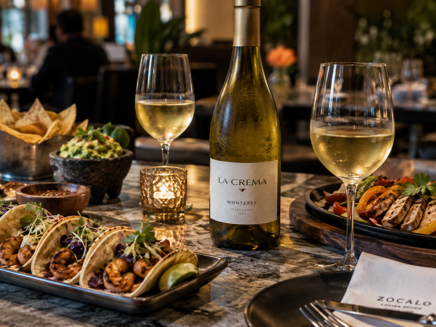 Chilled white wine served alongside tacos and fajitas