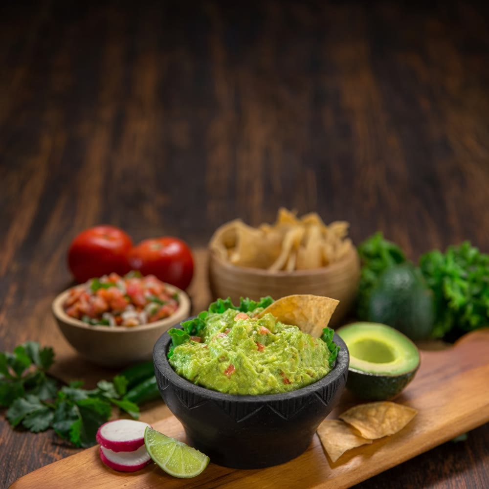 Fresh greens, avocado and colorful Mexican ingredients