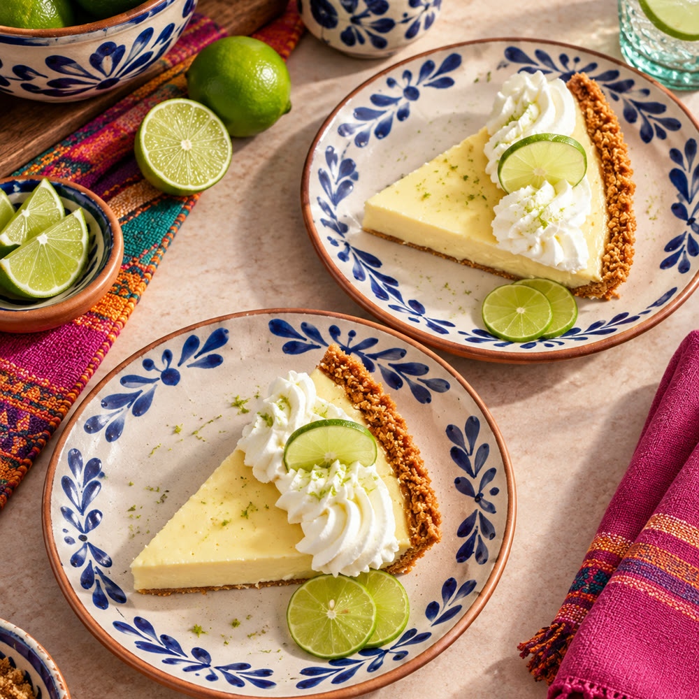 Slice of key lime pie plated for dessert