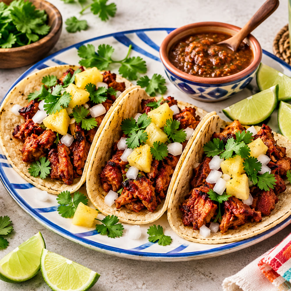 Tacos al pastor arranged on a dark plate