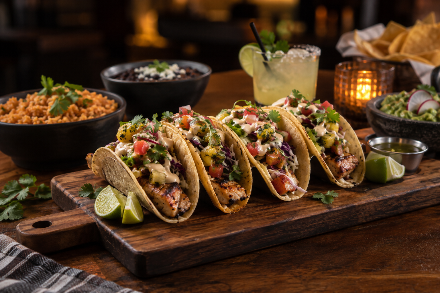Three tacos arranged with fresh toppings
