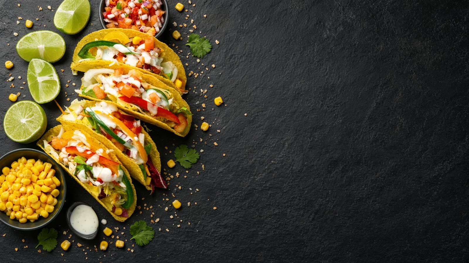 A colorful spread of tacos with lime and fresh garnishes